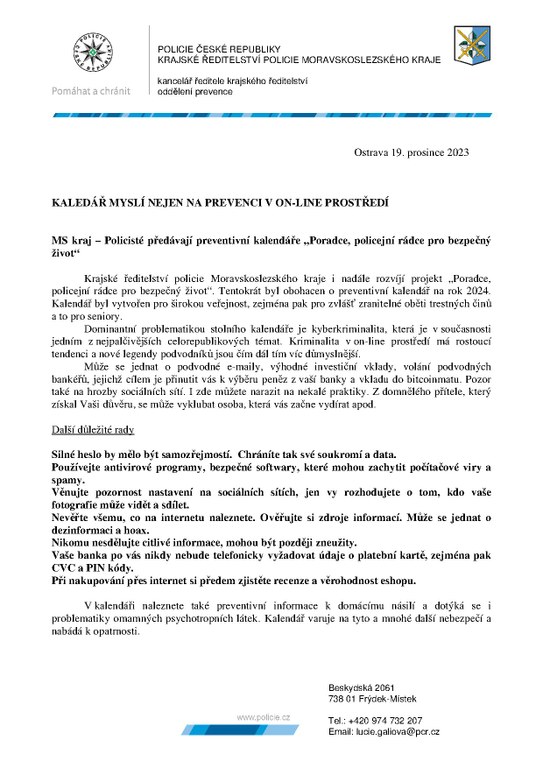 KYBERKRIMINALITA - DISTRIBUCE PREVENTIVNÍCH KALENDÁŘŮ - ČLÁNEK