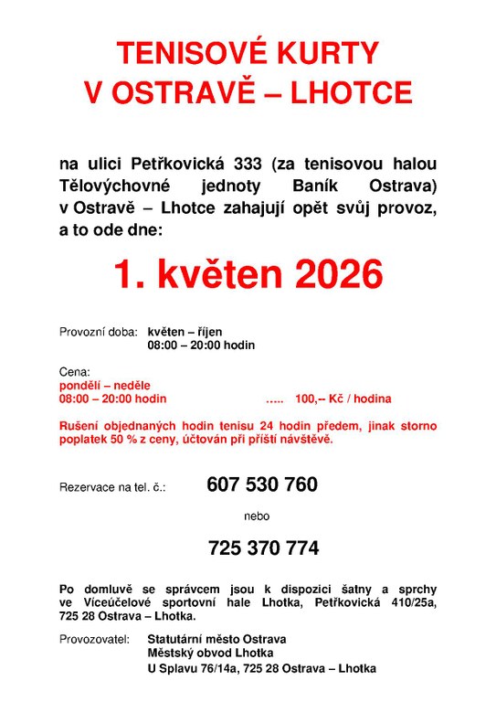 TENISOVÉ KURTY  V OSTRAVĚ – LHOTCE