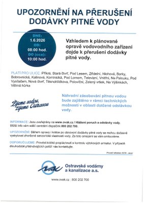 UPOZORNĚNÍ NA PŘERUŠENÍ DODÁVKY PITNÉ VODY DNE 01. 06. 2026 OD 08:00 HOD. DO (cca) 10:00 HOD.