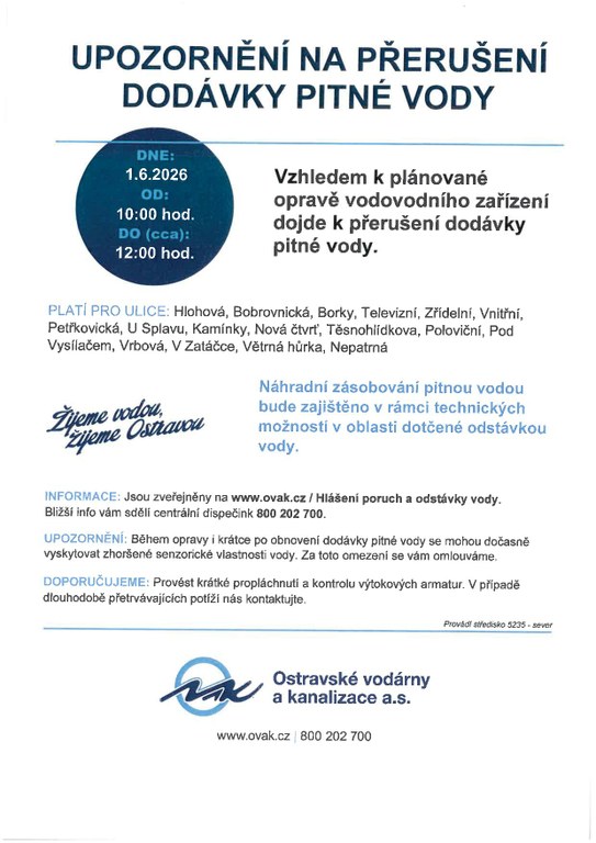 UPOZORNĚNÍ NA PŘERUŠENÍ DODÁVKY PITNÉ VODY DNE 01. 06. 2026 OD 10:00 HOD. DO (cca) 12:00 HOD.