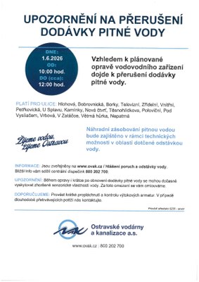 UPOZORNĚNÍ NA PŘERUŠENÍ DODÁVKY PITNÉ VODY DNE 01. 06. 2026 OD 10:00 HOD. DO (cca) 12:00 HOD.